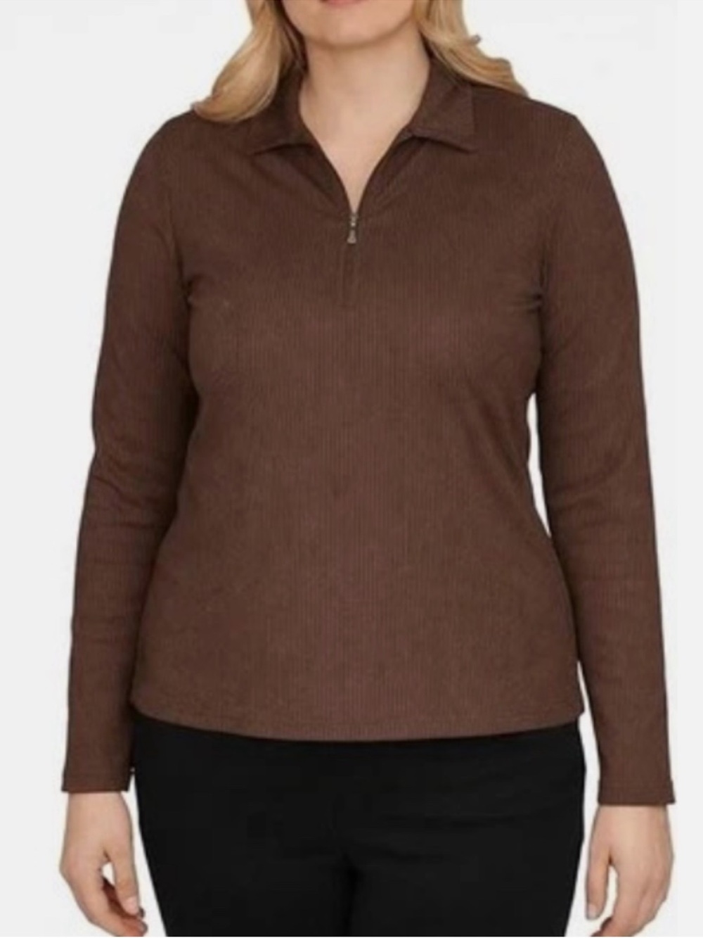 Greg Norman Collection Ribbed Quarter-Zip Long Sleeve Top - Brown